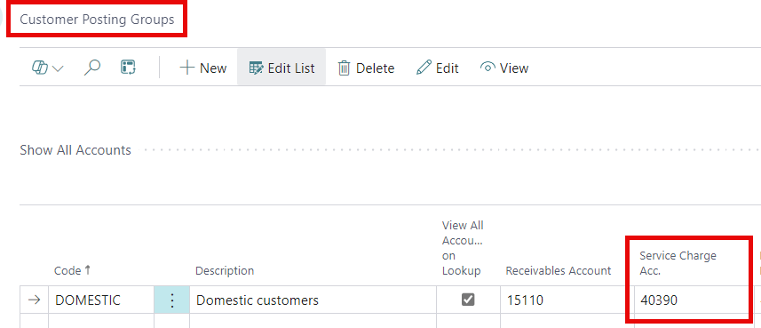 What is ‘Service Charge Acc.’ in Customer Posting Group used&nbsp;for?