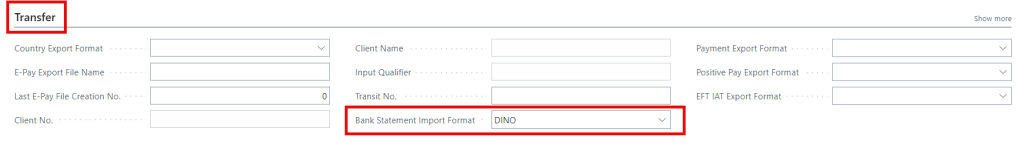 Screenshot of the 'Transfer' section in Microsoft Business Central, displaying fields for various export formats including the 'Bank Statement Import Format' which is highlighted.