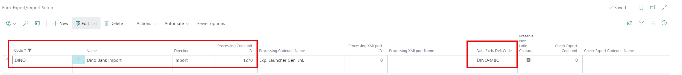 A screenshot of the Bank Export/Import Setup page in Microsoft Business Central, showing the details for a bank import setup including code, name, direction, and processing codeunit.