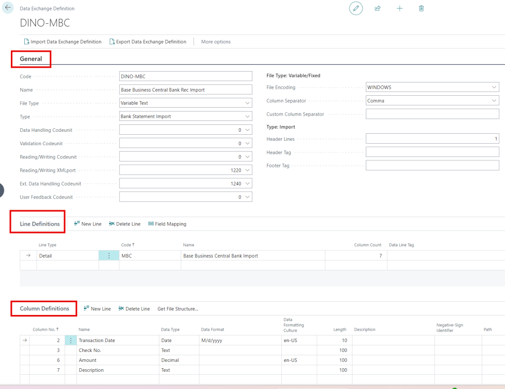 Screenshot of Data Exchange Definition setup in Microsoft Business Central, highlighting General, Line Definitions, and Column Definitions sections.