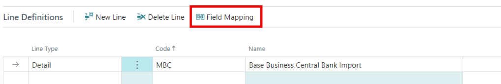 Screenshot of the Line Definitions section in Microsoft Business Central, highlighting the 'Field Mapping' button.