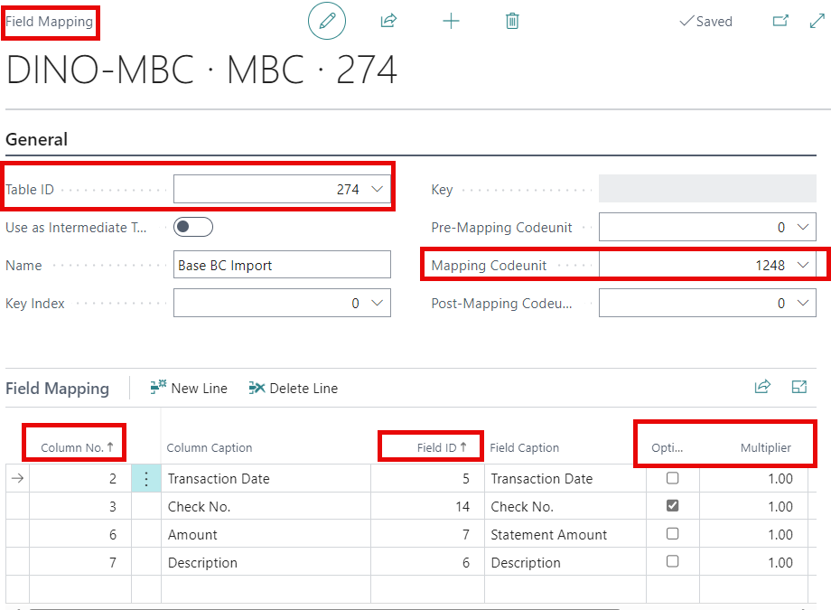 Field mapping interface in Microsoft Business Central showing Table ID, Name, and Mapping Codeunit, along with a list of column mappings for a bank import file.