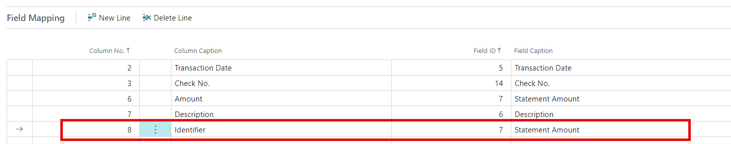 Screenshot of the Field Mapping interface showing a table with column numbers, captions, and field IDs, highlighting an identifier for mapping statement amounts.