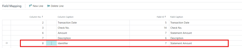 Screenshot of the Field Mapping interface showing a table with column numbers, captions, and field IDs, highlighting an identifier for mapping statement amounts.