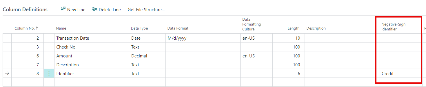 A screenshot showing a table for Column Definitions in a software interface. The table includes fields for Column No., Name, Data Type, Data Format, Data Formatting Culture, Length, Description, and a highlighted Negative-Sign Identifier column with the value 'Credit'.