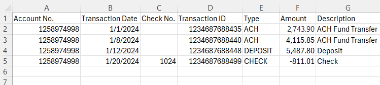 Table displaying a simple CSV file for bank reconciliations, including columns for Account No., Transaction Date, Check No., Transaction ID, Type, Amount, and Description.