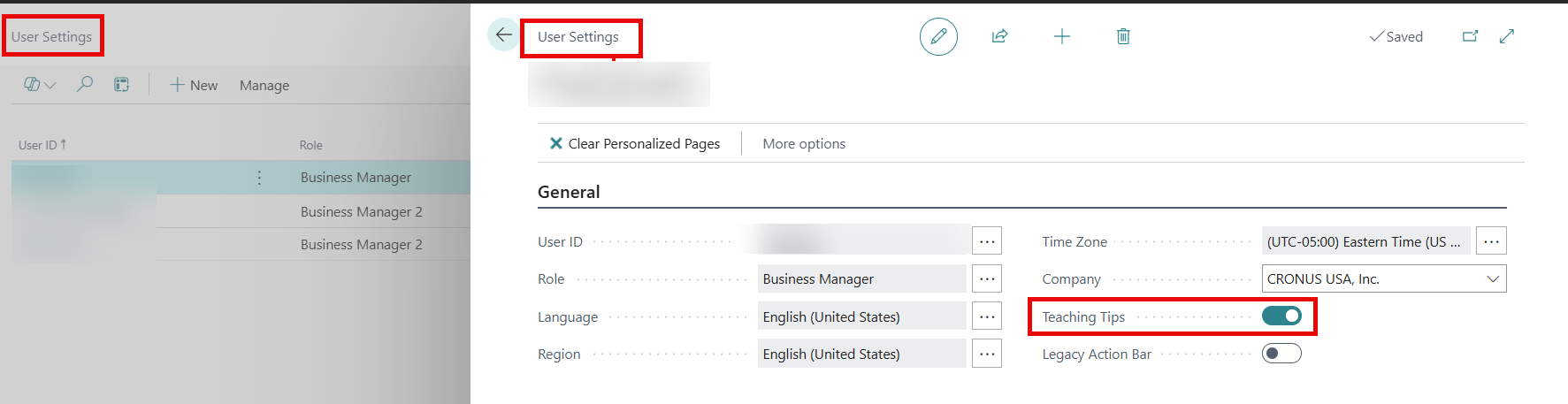 This picture shows the User Settings page and where you can turn off Teaching Tips for a specific user. This area of Business Central can be used to turn off Teaching Tips for any user and as a best practice it should always be setup when a new user is added.