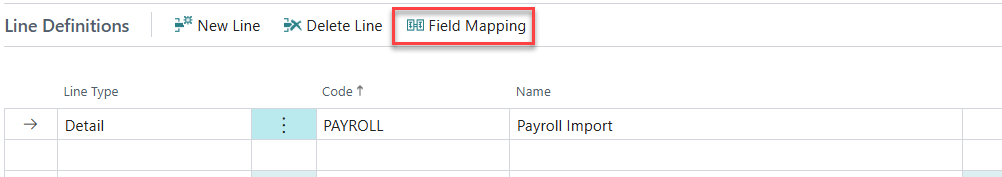 Screenshot of the Line Definitions section showing the Field Mapping button for payroll import in Business Central.
