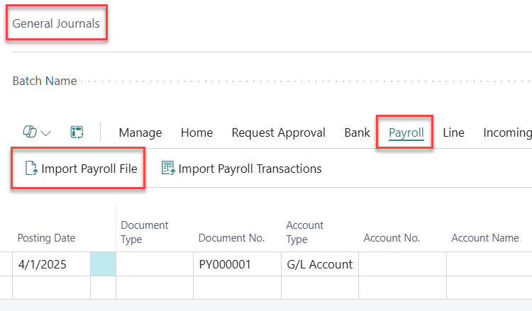Screenshot of the General Journals interface in Business Central, showing options for Import Payroll File and Payroll transactions.