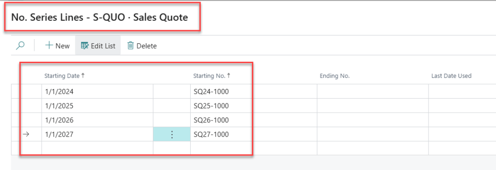 Screenshot of No. Series Lines for Sales Quotes in Microsoft Business Central showing Starting Dates and Starting Numbers.