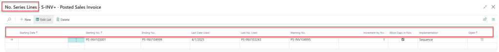 Screenshot of the 'No. Series Lines' for Posted Sales Invoices in Microsoft Business Central, displaying columns for Starting Date, Starting No., Ending No., Last Date Used, Warning No., Increment by No., Allow Gaps in Nos., Implementation, and Open status.
