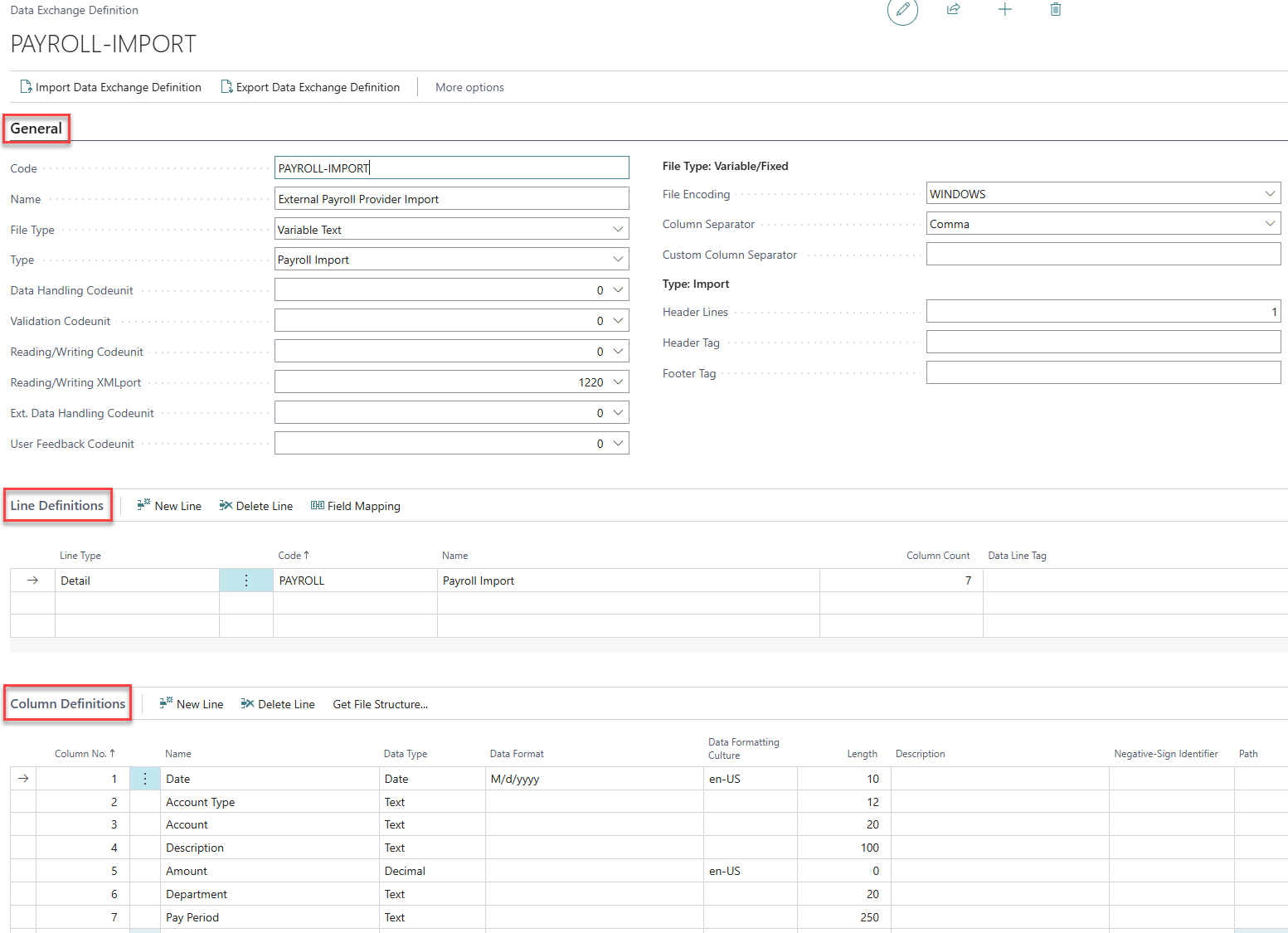 Screenshot of a Data Exchange Definition setup screen in Business Central, featuring sections for general settings, line definitions, and column definitions for payroll import.