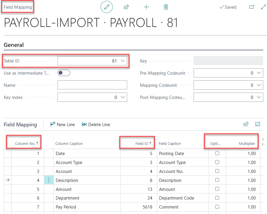 Screenshot of the Field Mapping section for Payroll Import in Business Central, displaying Table ID, Column No., Field ID, and other mapping options.