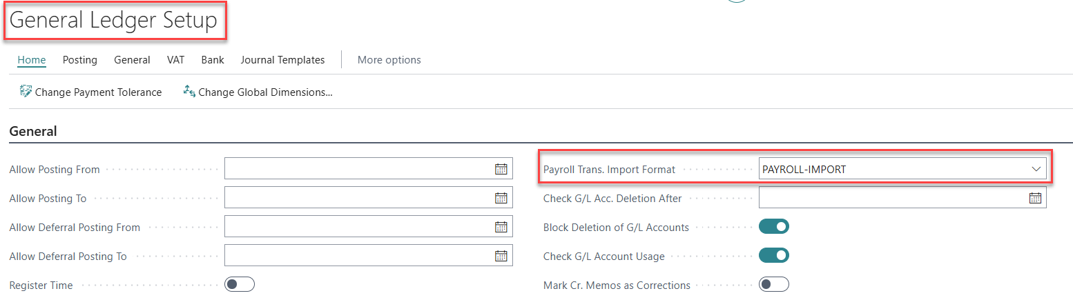 Screenshot of the General Ledger Setup page in Business Central, displaying various settings including Posting options and Payroll Trans. Import Format.