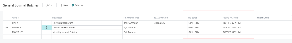 Screenshot of the General Journal Batches in Microsoft Business Central, displaying batch names, descriptions, balance account types, number series, and posting number series.