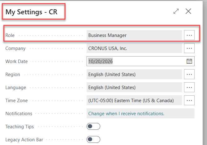 Settings page displaying user role as Business Manager, with fields for company, work date, region, language, time zone, notifications, teaching tips, and legacy action bar.