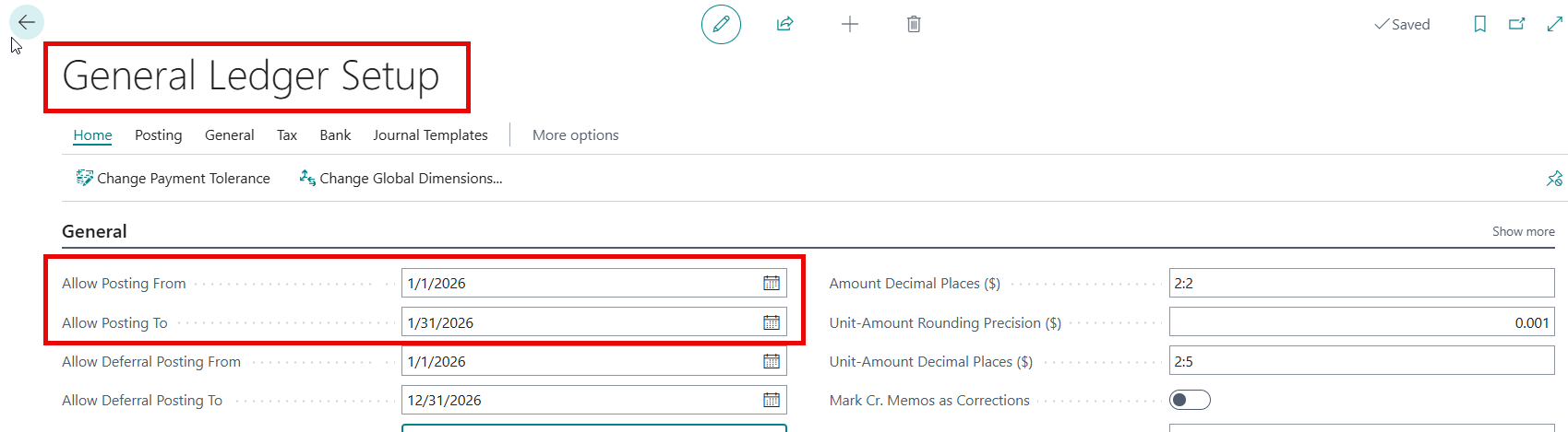 Picture of the General Ledger Setup where the global setting is for posting date ranges. Here I have highlighted the Allow Posting From and Allow Posting To fields