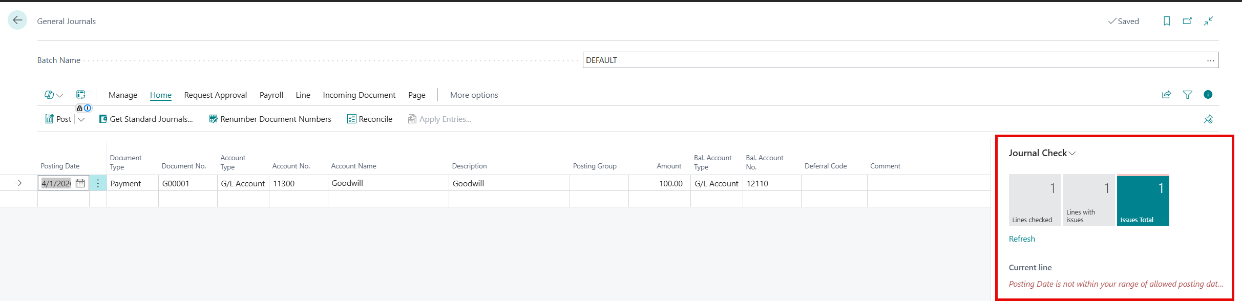 Screenshot of a general journal with the journal check factbox which is showing the Posting Date is not within your range of allowed posting dates error message