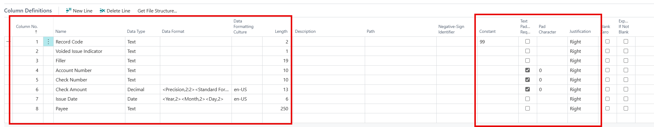 Example of the Column Definitions that shows the 8 columns I've setup for this example file. It shows the Column No., Name, Data Type (Decimal, Text, Date), Data Format, Data Formatting Culture, Constant, and even Text Padding.