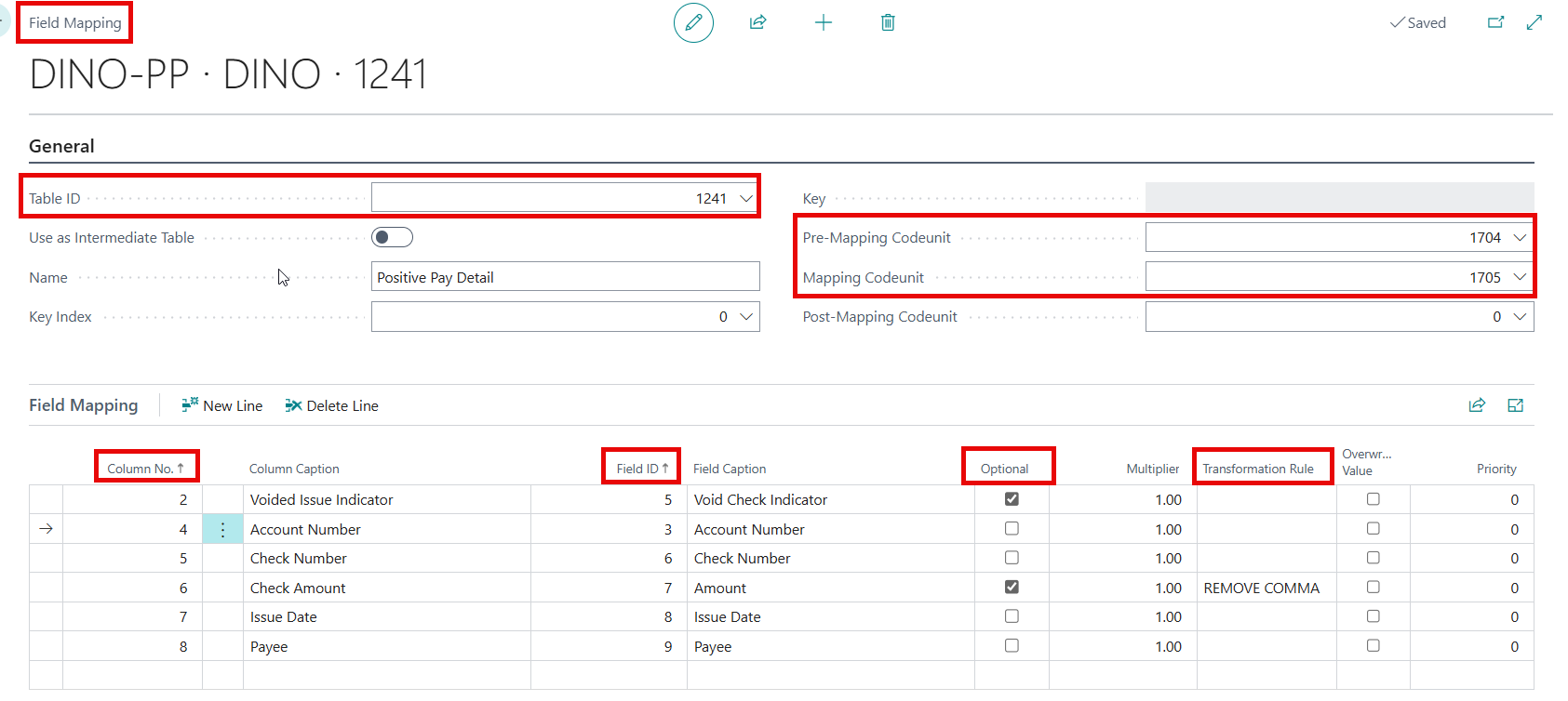 This is the Field Mapping page where we map the Column Definition fields to Business Central fields. It tells Business Central what fields should be used. We enter the Column No., Field ID, Set it as Optional or not, and create Transformation Rules if needed.