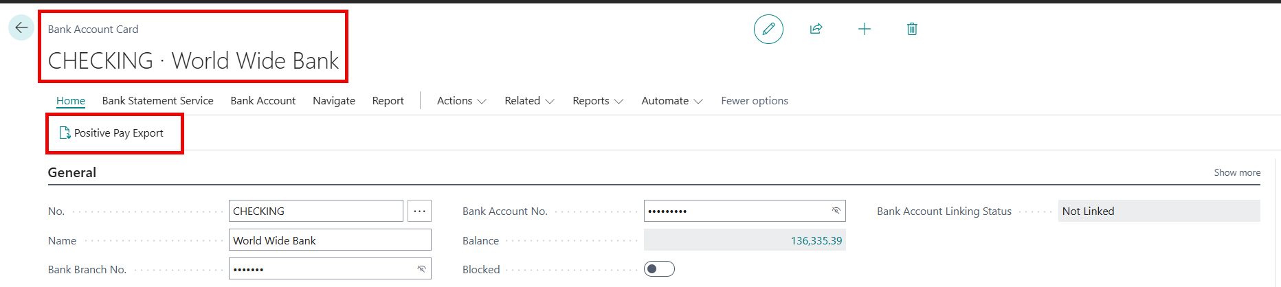 Displaying the button on the Bank Account Card that the users click to export the Positive Pay file. The button says "Positive Pay Export"