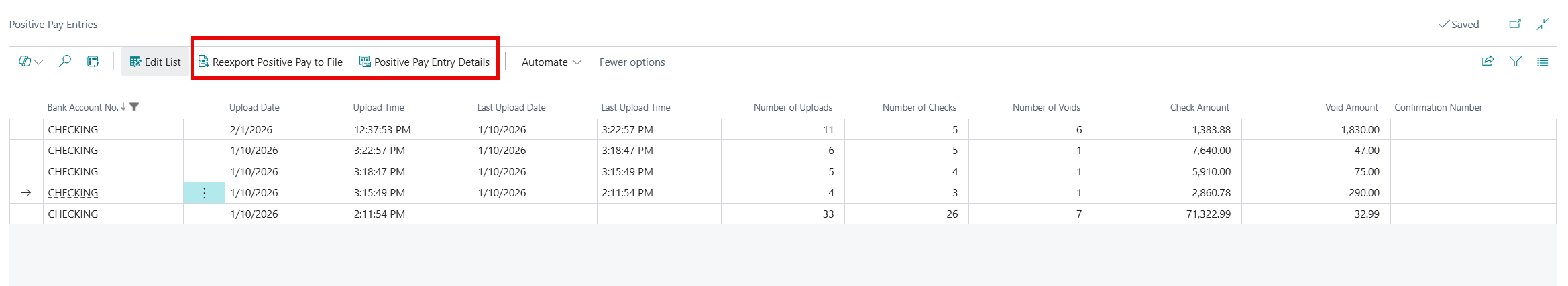 View of the previously posted Positive Pay Entries and various details about each one. Shows the original upload date/ time, last upload date/ time, number of records in the file, number of checks and voids, total check amount, total void amount, and an optional Confirmation Number from the bank. The user can enter that Confirmation Number but it's an optional field. 
