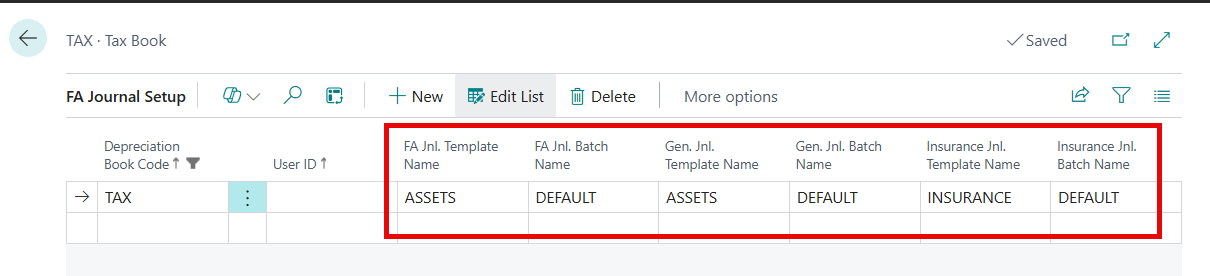 Picture of the FA Journal Setup where you need to enter the journal templates and names to resolve the error.