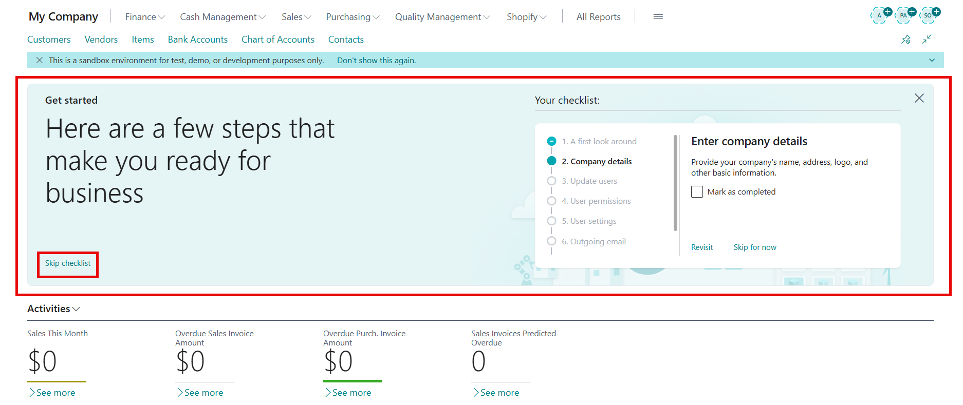 Shows the Get Started Banner for a Business Manager profile. It displays some of the checklist items such as; A first look around, Company details, Update Users, User Permissions, User Settings, and Outgoing Email. I'm also highlighting where users can select the Skip Checklist button to remove it.
