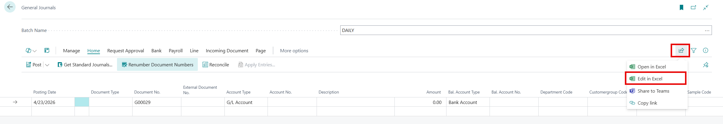 This picture shows a general journal screen where the buttons to access Edit in Excel are highlighted. 