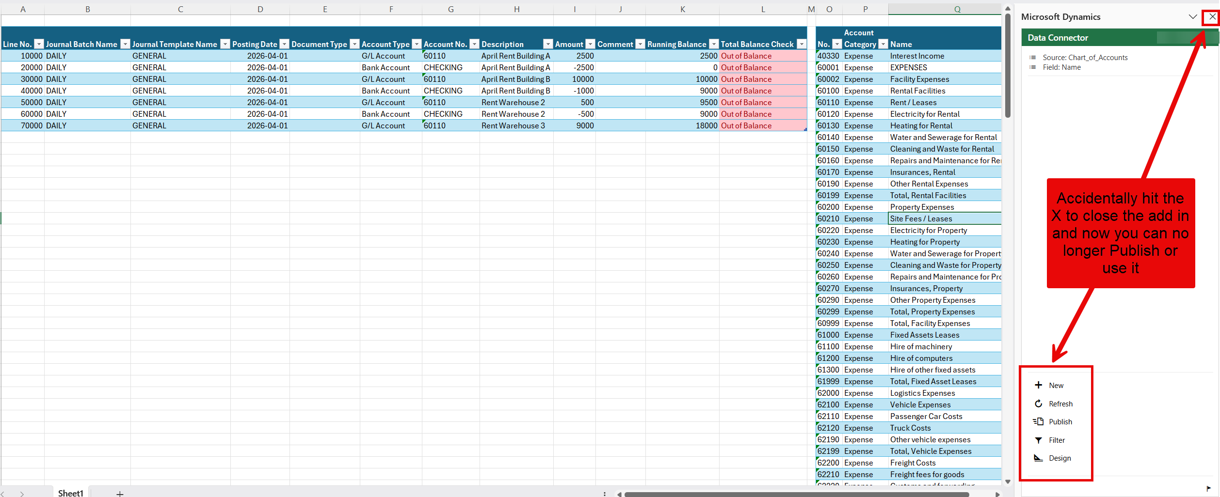 Showing a picture of an Edit In Excel before the Add-in has been removed. I am highlighting where you would close the add-in with the X and how if it's closed you can no longer publish or use it. 