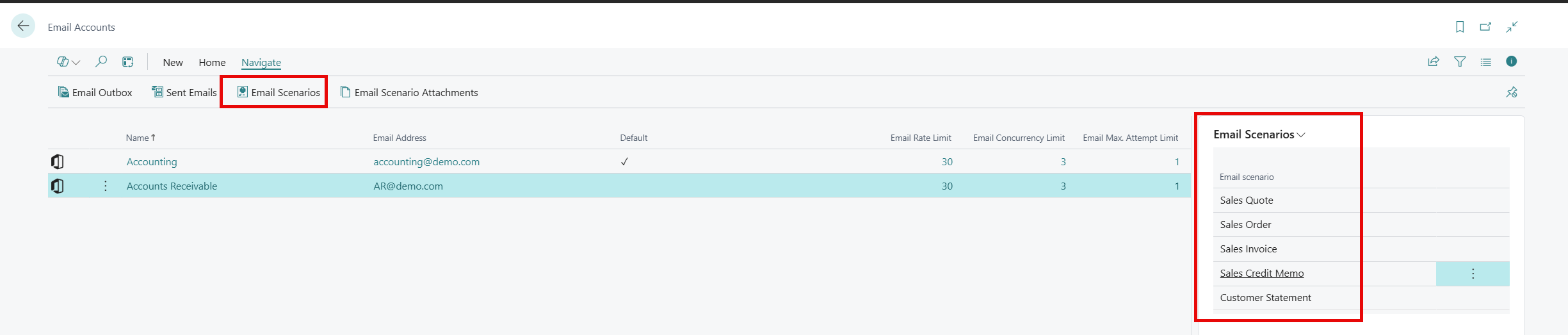 This picture shows the Email Accounts paged where you'd setup an email in Business Central. It highlights where to click to get to Email Scenarios as well as the current Email Scenarios for the line that's highlighted. 