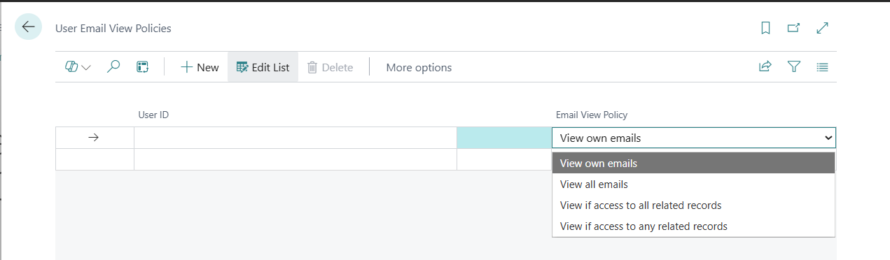 This pictures shows the User Email View Policies page and the options you have available which are; View own emails, View all emails, View if access to all related records, View if access to any related records