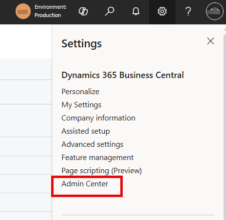 Shows how to get to the Admin Center from Business Central. Click the Settings icon and then choose Admin Center