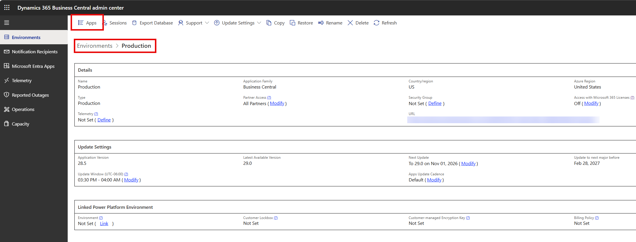 Shows the Environment in the Business Central Admin Center and where to click Apps to get to the area to update extensions