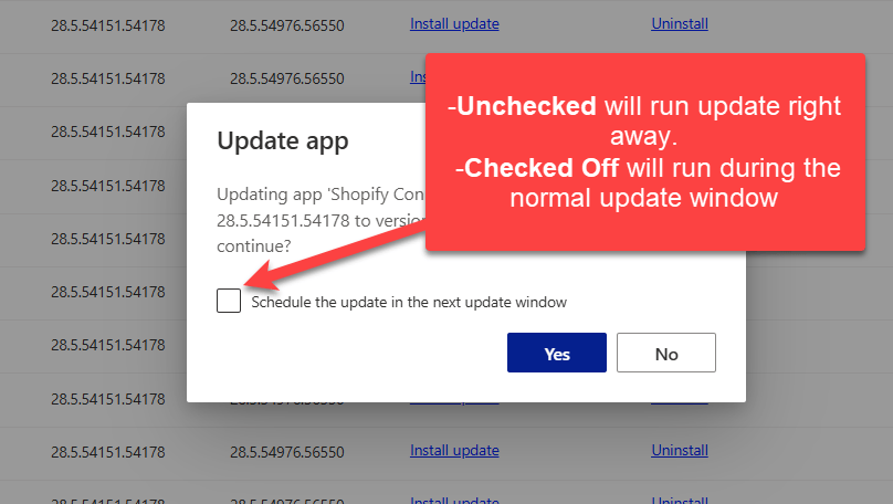 Shows the options you get when updating. You can choose to use the normal update window or to do it right away