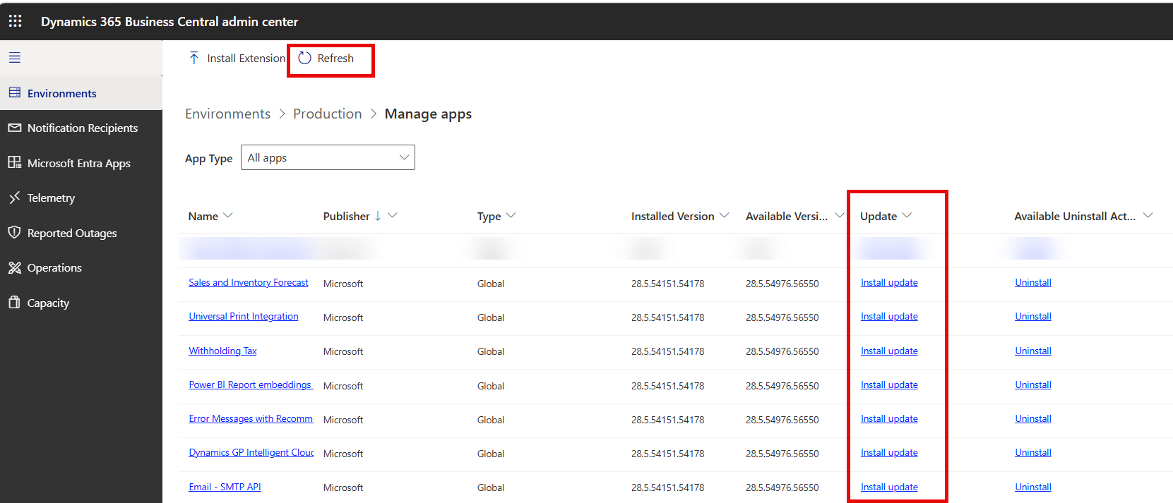 Shows the listing of extensions and what to click to update them